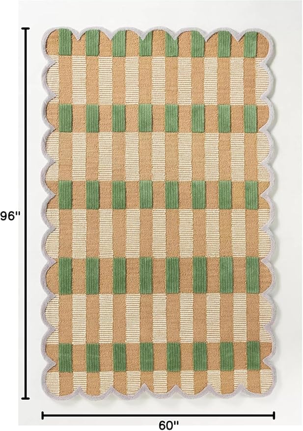 Hand-Tufted Wool Rug with Scalloped Edges, Light Blue Plaid Pattern, Cozy Soft Area Rug for Living Room, Bedroom, and Nursery, Handmade Modern Accent Rug (Green, 7X10 FEET)
