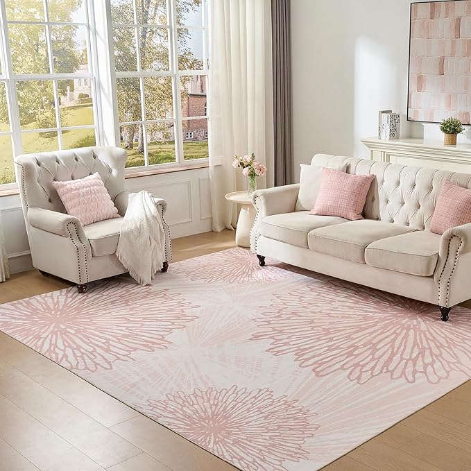 WITSHOCK Pink Rugs 7x9 for Bedroom Girls,Floral Modern Distress Print Pattern Carpet for Living Room Dining Room,Stain Resistant Anti Slip Backing Rugs for Kids Room Nursery Playroom,Light Pink