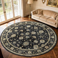 Washable Round Area Rug 8ft - Charcoal Black Traditional Floral Living Room Circle Rug 8x8 Non-Slip Farmhouse Dining Room Carpet Soft Vintage Boho Round Rugs for Bedroom Office Entryway