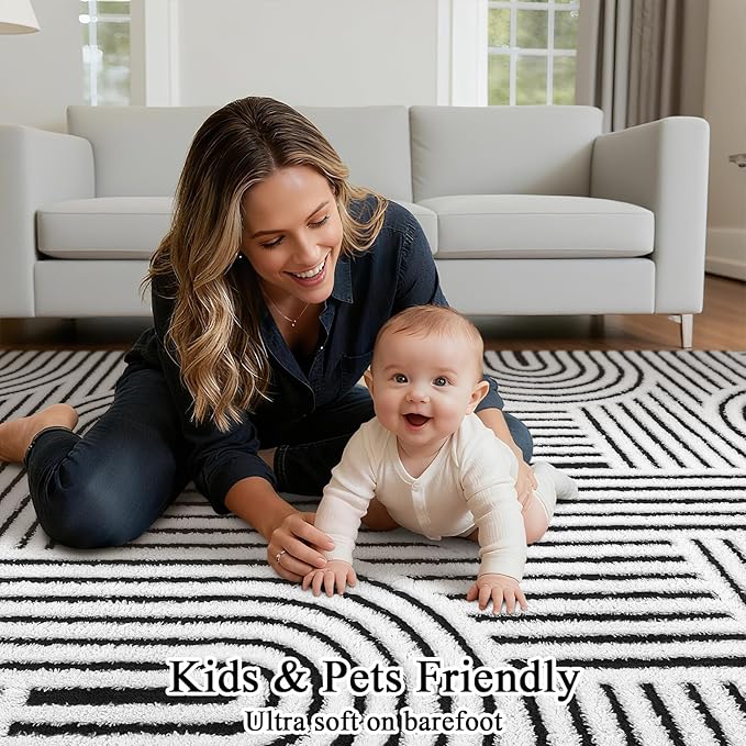 SHACOS Soft Cozy Fluffy Arch Pattern High Low Pile Rugs 4'x6' Non Slip Washable Scandinavian Minimalist Rug Modern Geometric Arc Carpet for Living Room Bedroom Dining Room, Black White