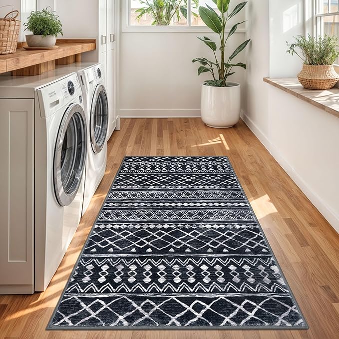 KUTA Boho Moroccan 3x5 Entryway Rug, Black Non-Slip Washable Low-Pile Living Room Area Rug, Ultra Soft Distressed Geometric Print Throw Carpet for Entrance, Bedroom, Nursery, Dorm, Kitchen