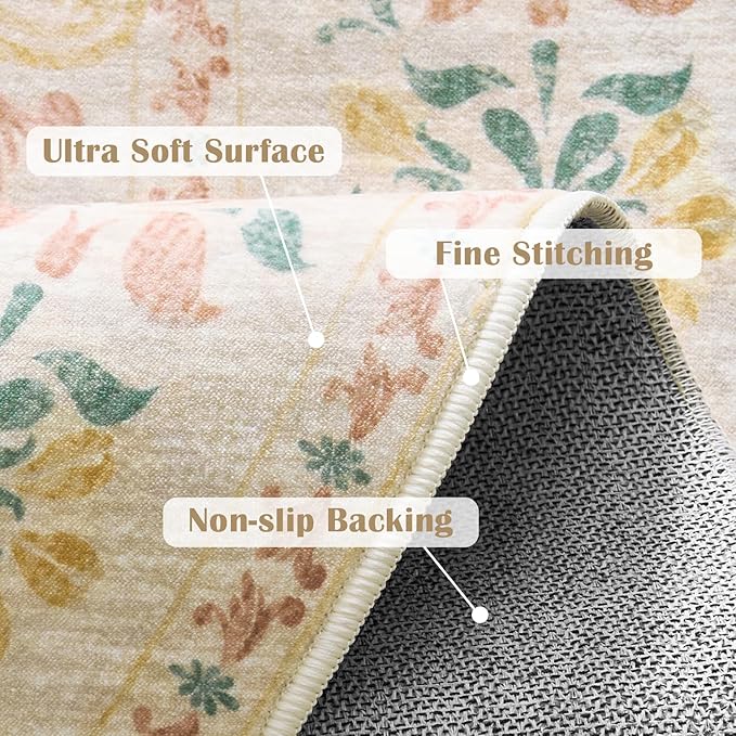 jinchan Round Rug 8ft Area Rug Vintage Floral Distressed Design Machine Washable Soft Non-Slip Low-Pile Ultra-Thin Circle Rug for Living Room Dining Room Bedroom Home Office (8' Round, Apricot Multi)