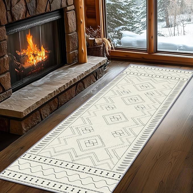 Beige White Runner Rug, 2x7ft Black Geometric Square Pattern Hallway Decor Rug - Modern Home Corridor & Foyer Accent Carpet, Non-Slip Mat Washable Rugs, Stylish Carpet for Hallway Spaces
