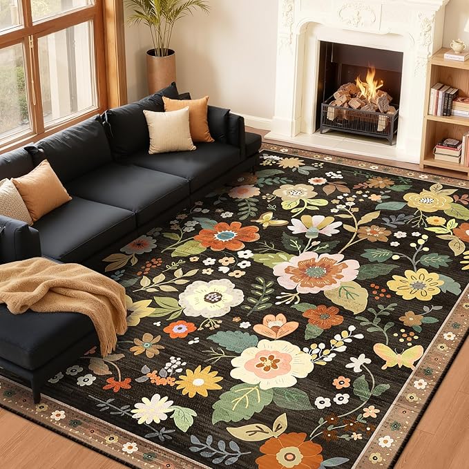 Floral 8x10 Area Rug Machine Washable Soft Print Boho Carpet Non Slip Doormat Low Pile Flower Area Rugs for Living Room Bedroom Nursery Kitchen Dining Room Indoor-Black/Yellow/Red