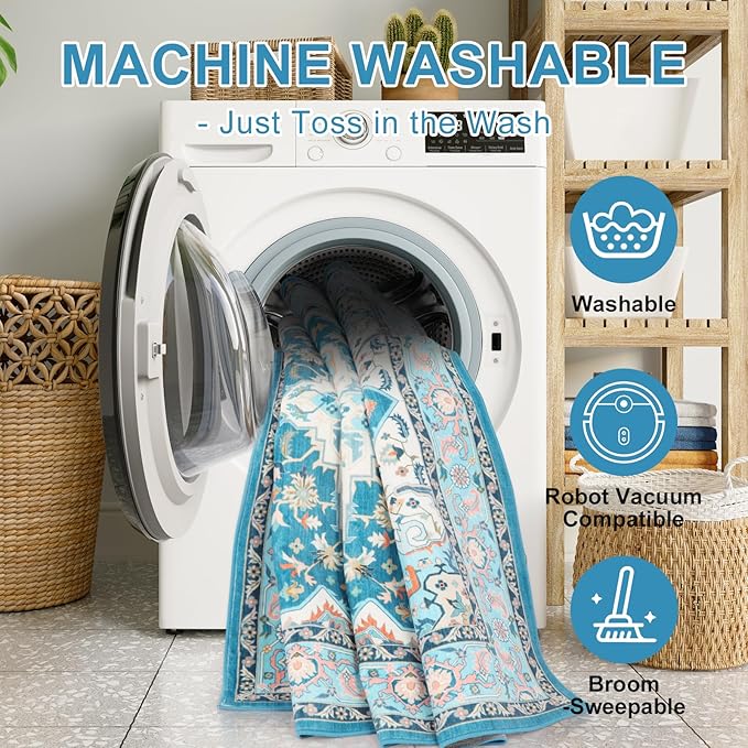 WILLSUN Washable Area Rugs, 9x12 Non-Slip Boho Large Area Rugs for Living Room, Bedroom, Machine Washable Vintage Rug, Indoor Floral Print Carpet for Home Decor, Kid & Pet Friendly Mat