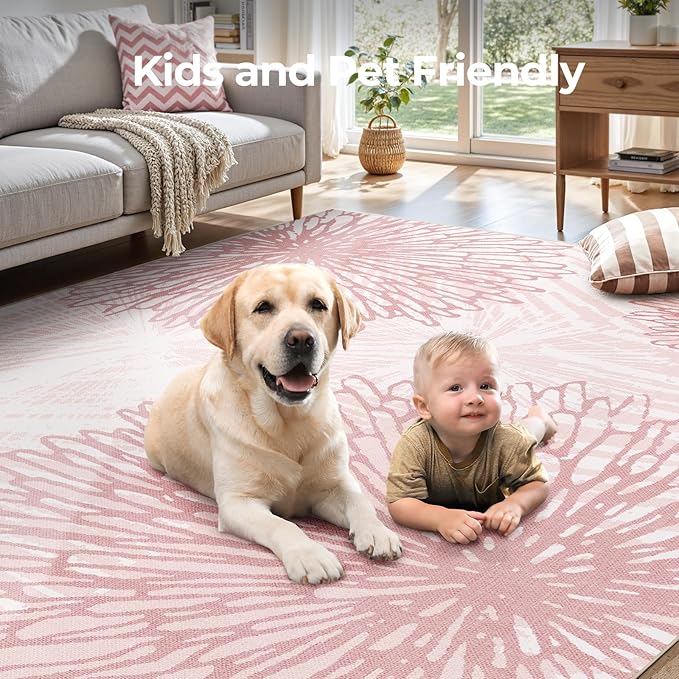 WITSHOCK Pink Rugs 5x7 for Bedroom Girls,Floral Modern Distress Print Pattern Carpet for Living Room Dining Room,Stain Resistant Anti Slip Backing Rugs for Kids Room Nursery Playroom,Light Pink