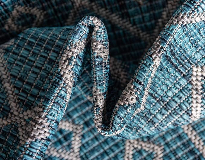 Unique Loom Outdoor Trellis Collection Area Rug - Tribal Trellis (7' 1" x 10' Rectangle, Teal/ Ivory)
