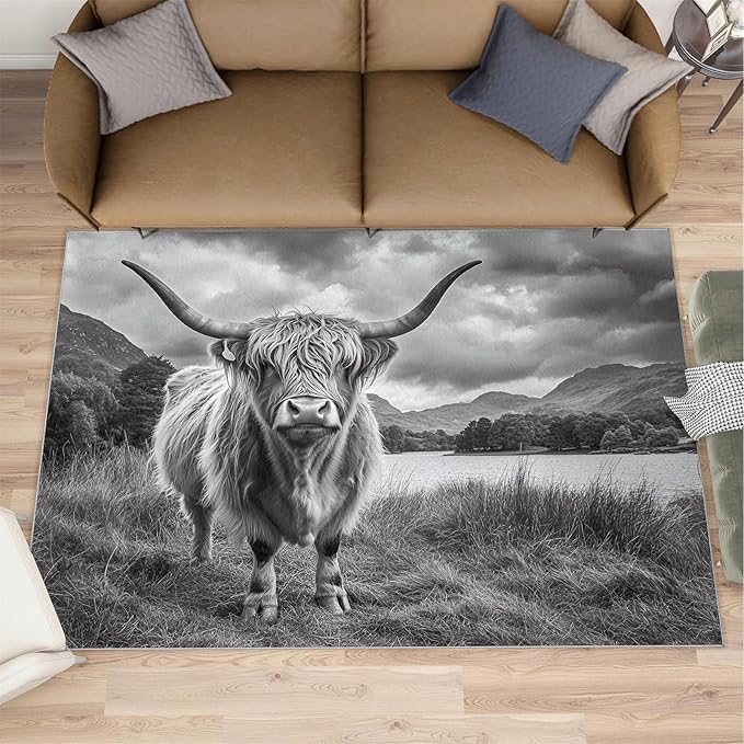 Highland Cattle Rugs for Bedroom - 4x6 Area Rug - Black White Highland Cattle Rugs for Living Room, 3D Natural Landscape Rug, Non-Slip Washable Home Decor Carpet