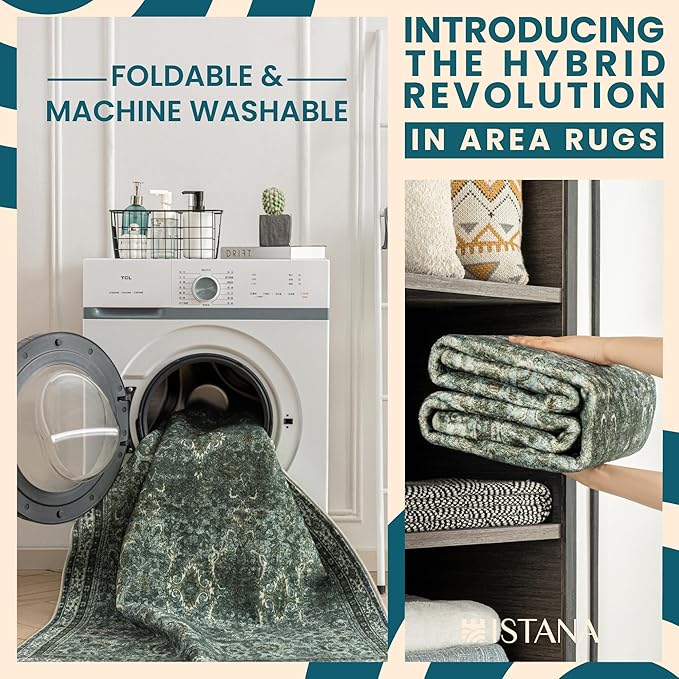 Istana 5x7 Area Rug - Dark Green Rugs for Living Room 5x7 - Foldable Rugs for Bedroom - Stain Resistant Washable Rug - Eco-Friendly Boho Area Rugs - Easy to Clean Living Room Rug