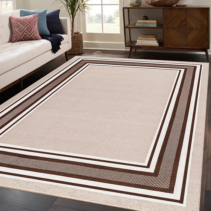 Beverly Rug Non Slip Area Rugs 3x5 Modern Bordered Non Skid Rubber Backing Soft Area Rug for Living Dining Room Easy to Clean Non Shedding Kitchen Bedroom Indoor Carpet 3 x 5 Beige-Brown