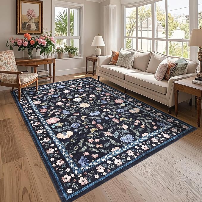 5x7 Washable Non-Slip Rug, Vintage Floral Area Rug for Living Room, Low Pile Farmhouse Distressed Carpet for Nursery Playroom Dorm Teens Office, Dark Grey Blue
