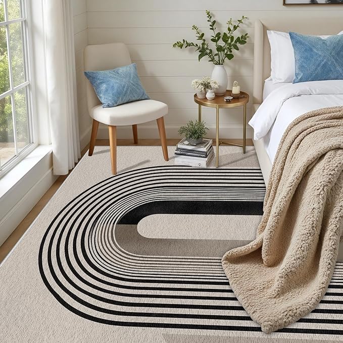 Modern Washable Rug for Living Room 8x10, Boho Abstract Striped Area Rugs, Soft Non Slip Low Pile Farmhouse Carpet for Bedroom Dining Room Kitchen, Stain Resistant, Pet Friendly, Beige Black