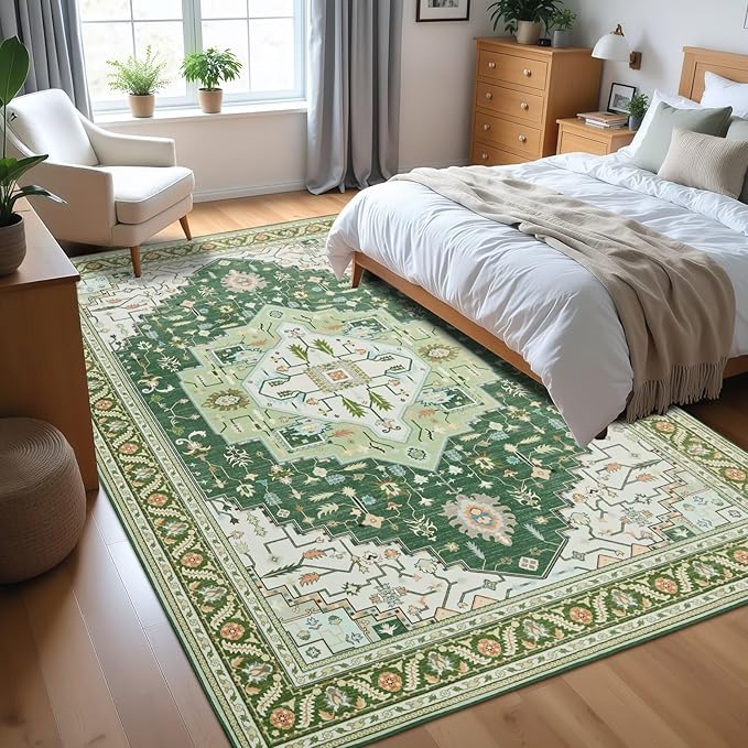 6x9 Green White Area Rug for Living Room, Machine Washable Rugs with Non-Slip Backing for Bedroom, Vintage Medallion Carpet Dining Room Office Kids Room Decor