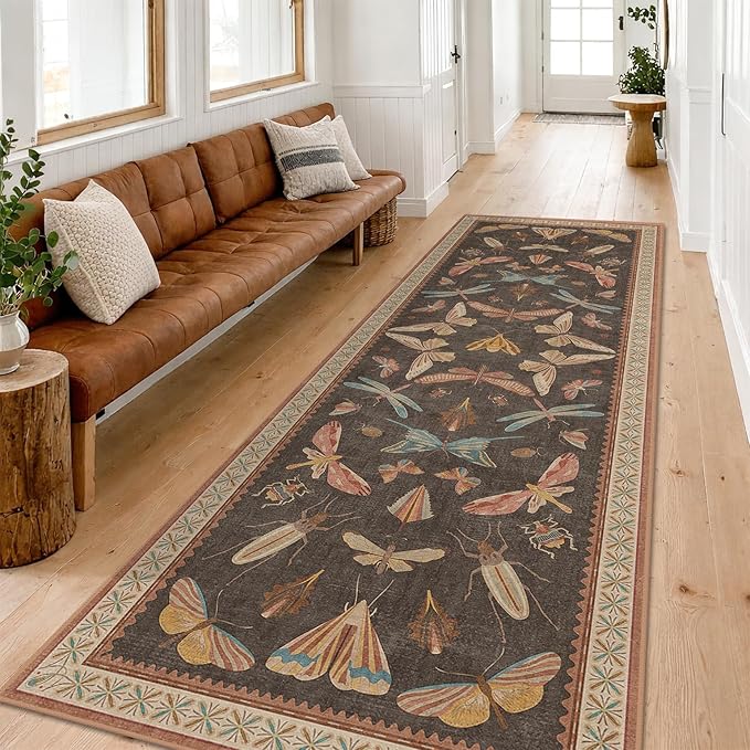 2'6"x8' 8ft Long Hallway Runner Rug, Stain Resistant Non-Slip Kitchen Floor Mats, Boho Front Door Rug Indoor Entrance, Whimsical Insect Moth Décor, Low Pile & Soft (Orange and Brown)