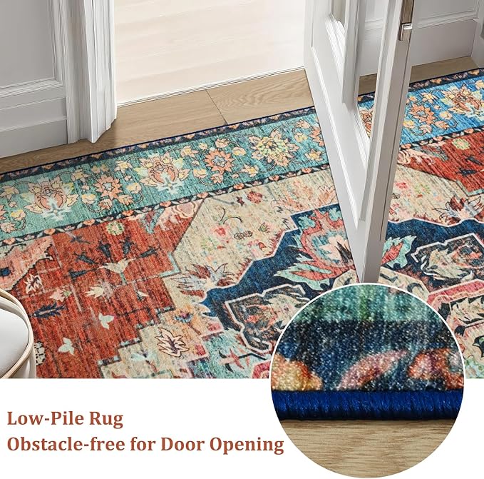 Large Area Rugs 8x10, Low Pile Washable Rugs, Soft Vintage Distressed Rugs for Living Room Bedroom, Office, Dining Room, Water Repellent & Non Shedding, Terracotta