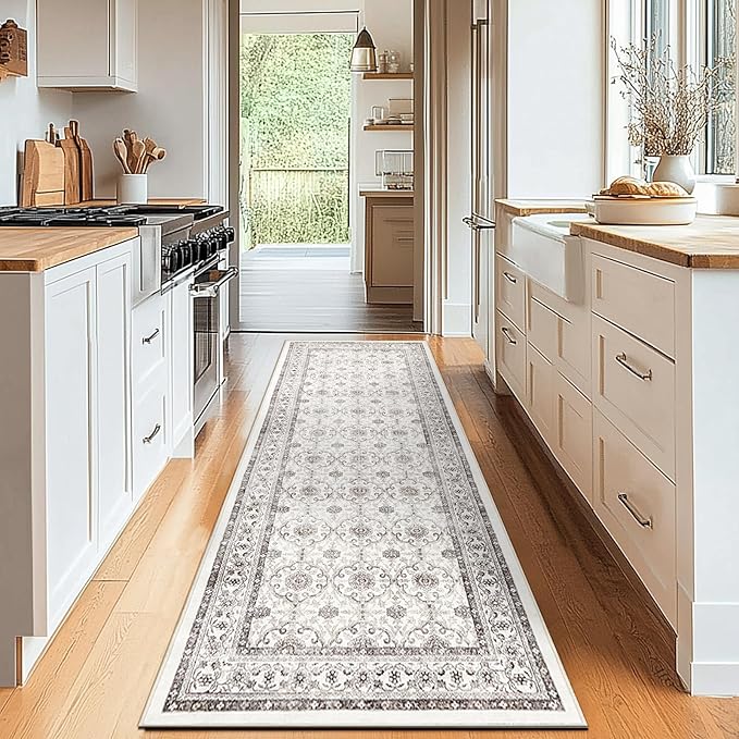 jinchan Hallway Runner Rug 2x8 - Machine Washable Beige Vintage Floral Distressed Design Soft Non-Slip Low-Pile Ultra-Thin Runner Rug for Kitchen Laundry Room Bedroom Farmhouse (2‘x8', Beige)