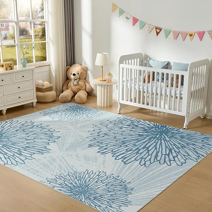WITSHOCK 8x10 Washable Rug for Living Room,Modern Floral Distress Print Pattern Area Rugs,Stain Resistant with Non Slip Backing Carpet for Dining Room,Bedroom & Home Decor,Blue/Light Blue