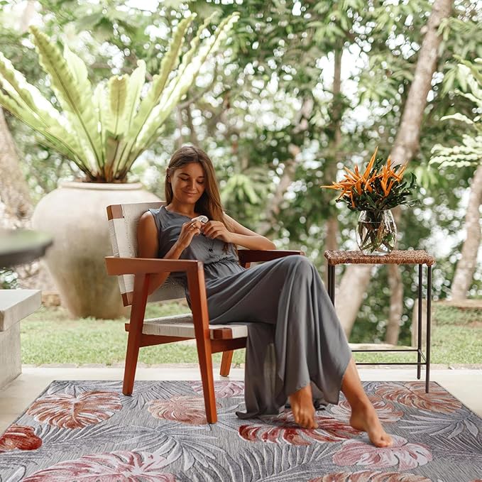 CAMILSON Indoor Outdoor Rug, Multi 7’10”x10’ Leaf Tropical Botanical Area Rugs for Indoor and Outdoor patios, Easy-Cleaning Non-Shedding Living Room, Garden and Kitchen Washable Outside Carpet (8x10)