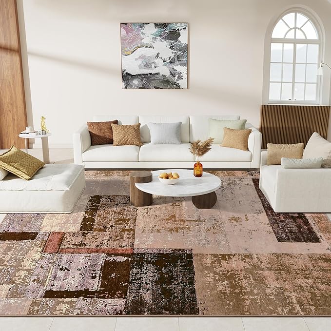 LOCHAS Rug for Living Room, Washable Soft Area Rugs for Bedroom 8x10, Abstract Carpet for Office Kids Dining Room Nursery Floor, Brown Pink Geometric Vintage Home Decor, Non Slip, Pet Child Friendly
