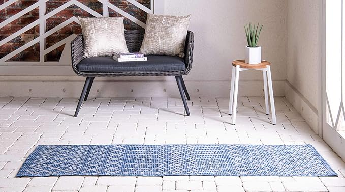 Unique Loom Outdoor Trellis Collection Area Rug - Tribal Trellis (2' x 6' 1" Runner, Blue/ Ivory)