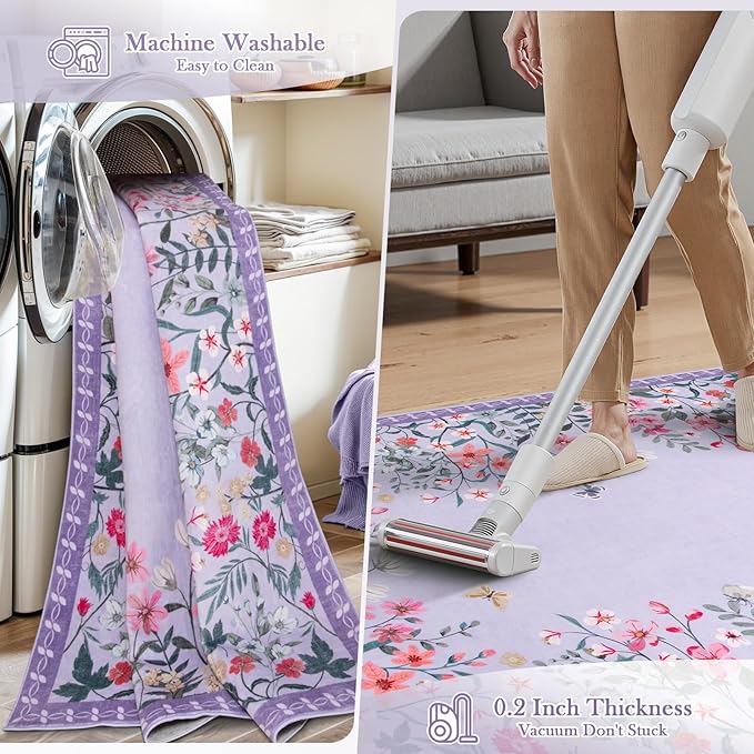 Wonnitar Washable Rug, 5x7 Purple Rugs for Living Room, Floral Print Non-Slip Pink Area Rugs for Bedroom Girls, Soft Large Throw Carpet for Kids Nursery Room (Purple,5'x7')