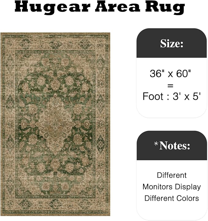 HUGEAR 3x5 Entryway Area Rug Retro Green Small Rug Machine Washable Door Mat Vintage Floral Low Pile Carpet Distressed Throw Rug Entrance Kitchen Bedroom Bathroom Office Non Slip Soft Lightweight