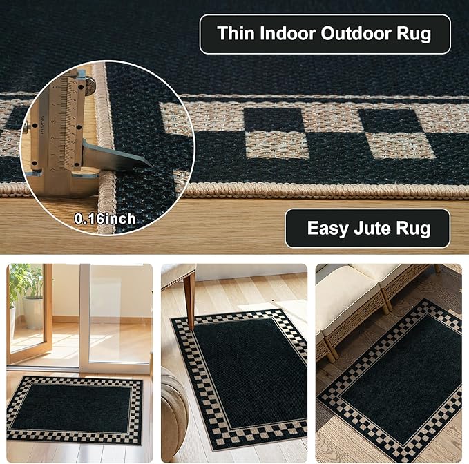 OJIA Easy Jute Kitchen Rug, 2x3 Black Indoor Door Mat Checkered Washable Area Rug Non-Slip Farmhouse Modern Outdoor Doormat Front Door Mat Indoor Entrance Throw Rugs for Entryway Doorway Bathroom
