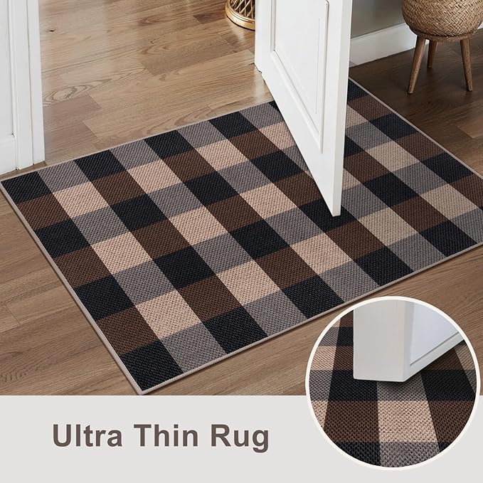 Tangsoo Checkered Easy Jute Rug 5x7 Large Washable Area Rug for Dining Room,Non-Slip Black Brown Indoor Outdoor Rug,Modern Thin Mat Outdoor Carpet for Living Room Bedroom Patio