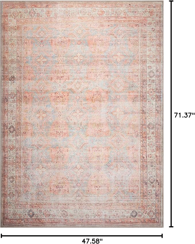 GLN Rugs Traditional Collection - Machine Washable Area Rug, Traditional Washable, Non Slip, Low Pile Chenille Rug, Living Room, Bedroom, Kitchen Rug (4' x 6' Terra/Multicolor 1153)