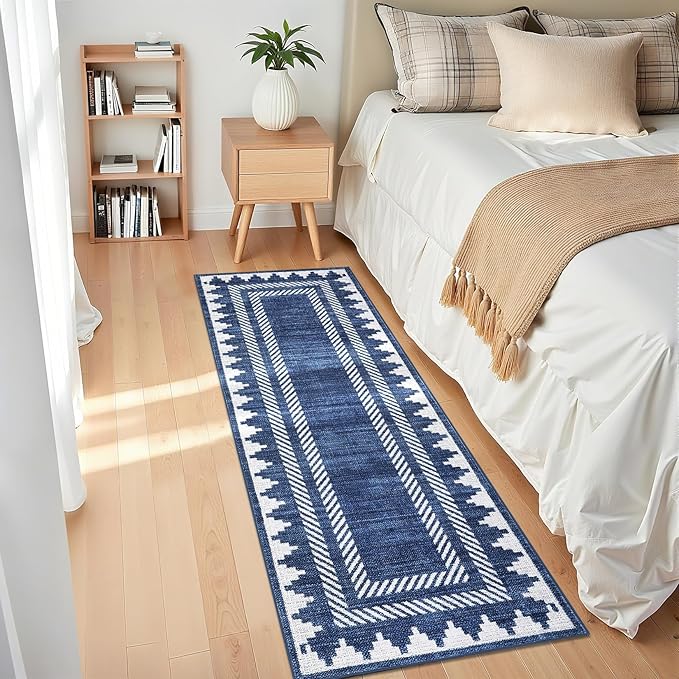 Geometric Bordered 2x6 Washable Runner Rug for Hallway Kitchen Foldable Non Slip Indoor Soft Carpet Modern Stain Resistant Non-Shedding Low Pile Rug for Dining Room Living Room with Rubber Back, Blue