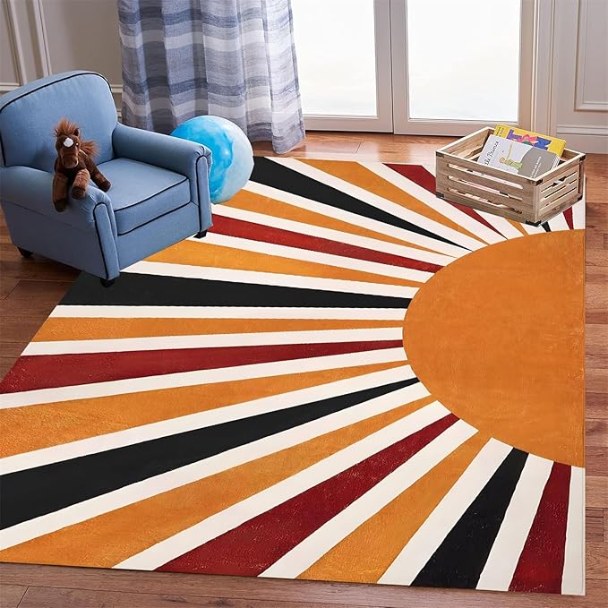 4x6ft Boho Area Rug,3D Printing Rainbow Sun Area Rug,Modern Simple Home Decoration Rug for Kids Girls Boys Bedroom, Living Room, Classroom, Office Non-Slip Washable