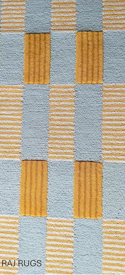 Hand-Tufted Wool Area Rug with Scalloped Edges, Beige and Green Plaid Pattern, Cozy and Soft Accent Rug for Living Room, Bedroom, and Nursery, Handmade Decorative Rug
