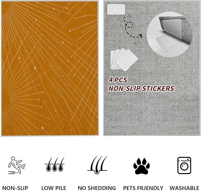 Modern Washable Area Rug 2x3, Boho Minimalist Non-Slip Rugs, Abstract Striped Soft Carpet for Living Room Bedroom Nursery Room Home Decor Office, Pet Friendly, Orange Beige