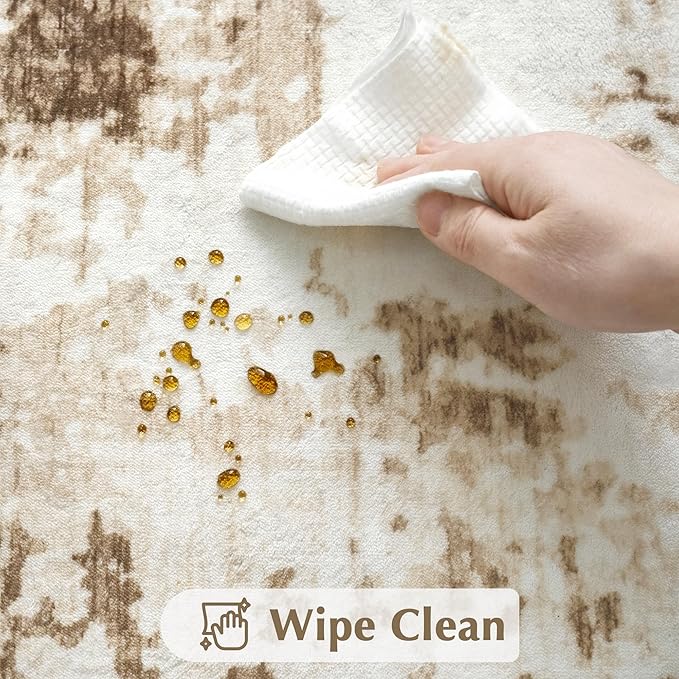 FMFUNCTEX 10x12 Washable Abstract Area Rug Brown Beige Neutral Modern Large Non Slip Carpet for Living Room Bedroom Soft Accent Low Pile Indoor Mat Accent Throw Rug for Dining Kitchen Office Nursery
