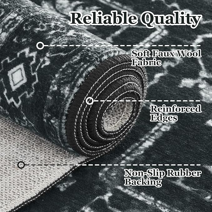 Black Distressed 3x5 Area Rugs for Entryway Foyer, Washable Non Slip Low Pile Throw Rugs for Kitchen, Dark Vintage Medallion Pinted Carpet for Bedroom/Bathroom/Closet/Dorm/Home Office