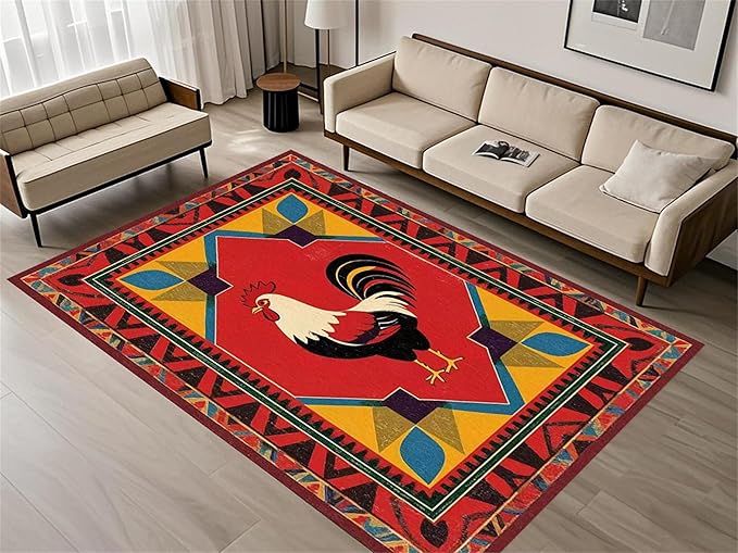 Country Rooster Rugs，5x6ft,Colorful Geometric Rooster Pattern Rug，Rooster Pattern Colorful Rug. Ethnic Vintage Design Non-Slip Washable Floor Mat for Living Room Bedroom Farmhouse Home Office