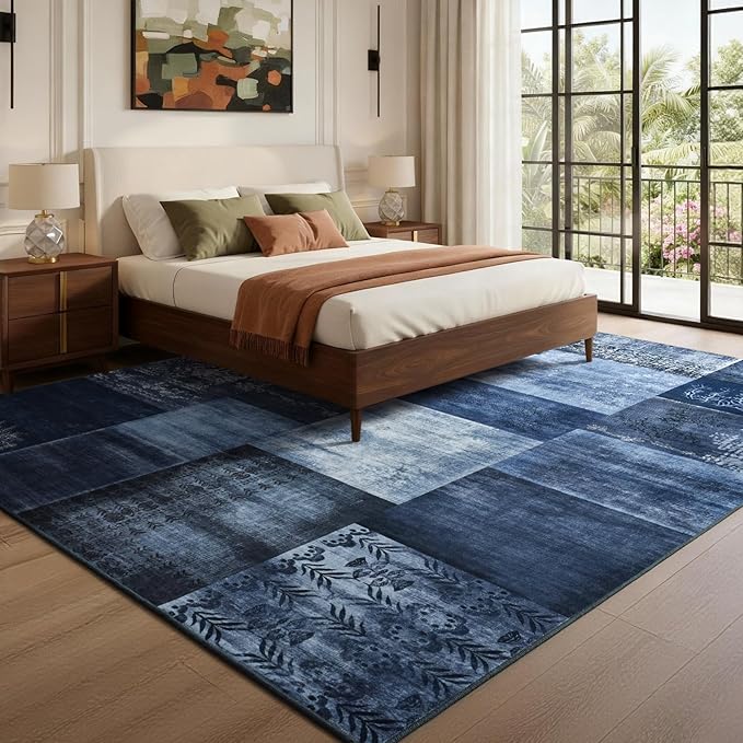 DweIke Washable Area Rugs for Living Room, 5x7 Soft Bedroom Rugs, Geometric Print Non-Slip Modern Rug, Stain Resistant Throw Carpets for Office Nursery Dining Room Home Dorm Decor, Navy Blue