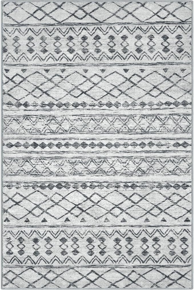 KUTA Moroccan Rugs for Entryway, 2PCS 2x3 and 2x6 Grey Entrance Small Area Rug, Non-Slip Washable Ultra Soft Hallway Runner Rug, Vintage Geometric Low-Pile Indoor Door Mat Floor Carpet