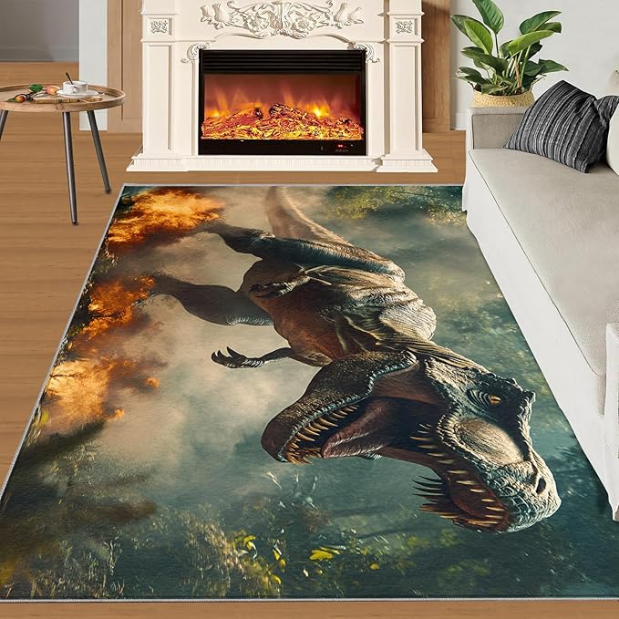 Dinosaurs Rugs for Bedroom - 5x7 Area Rug - Flame Dinosaurs Rugs for Living Room, Forest Landscape Rug, Washable Home Decor Carpet