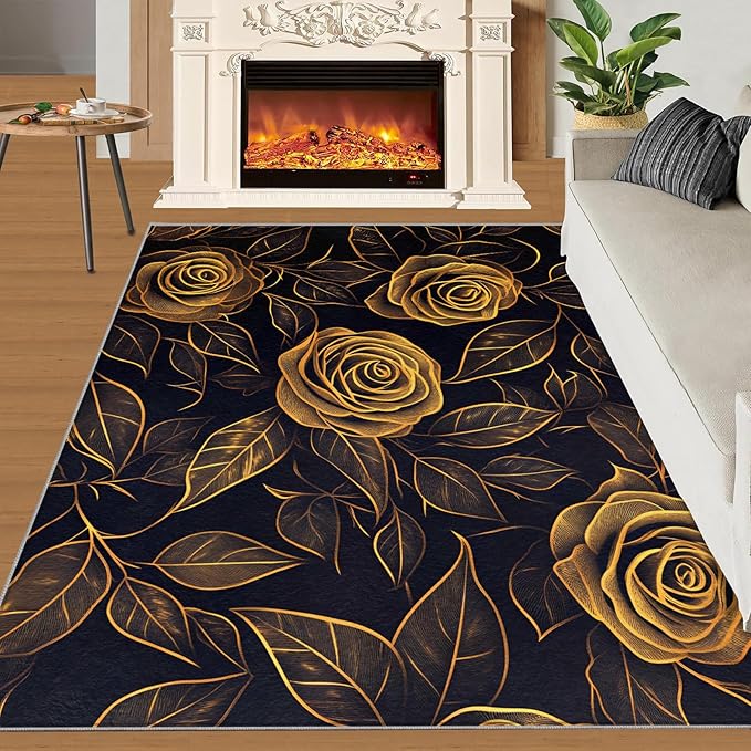 Rose Rugs for Bedroom - 3x5 Area Rug - Black Gold Flowers Rugs for Living Room, European Light Luxury Flowers Rug, Washable Home Decor Carpet