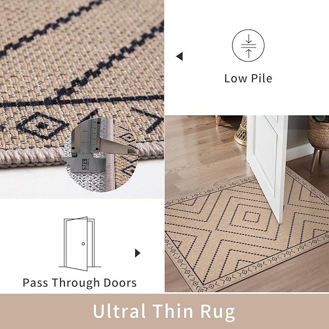 Tangsoo Easy Jute Rug 3x5 for Entryway,Geometric Non-Slip Washable Indoor Outdoor Door Carpet,Farmhouse Ultra Thin Throw Mat for Kitchen Bedroom Front