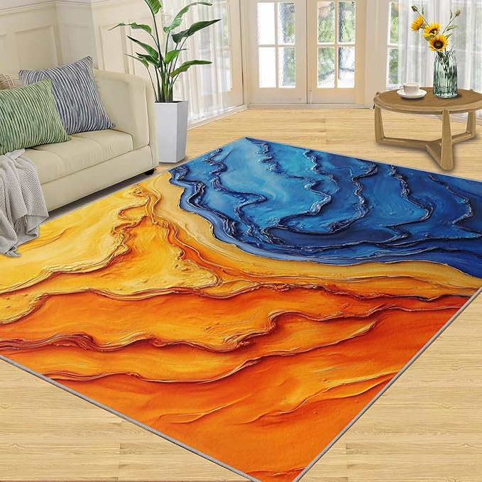 Navy Blue Rugs for Bedroom - 6x8 Area Rug - Abstract Blue Orange Rugs for Living Room, Modern Simple Art Rug, Washable Home Decor Carpet
