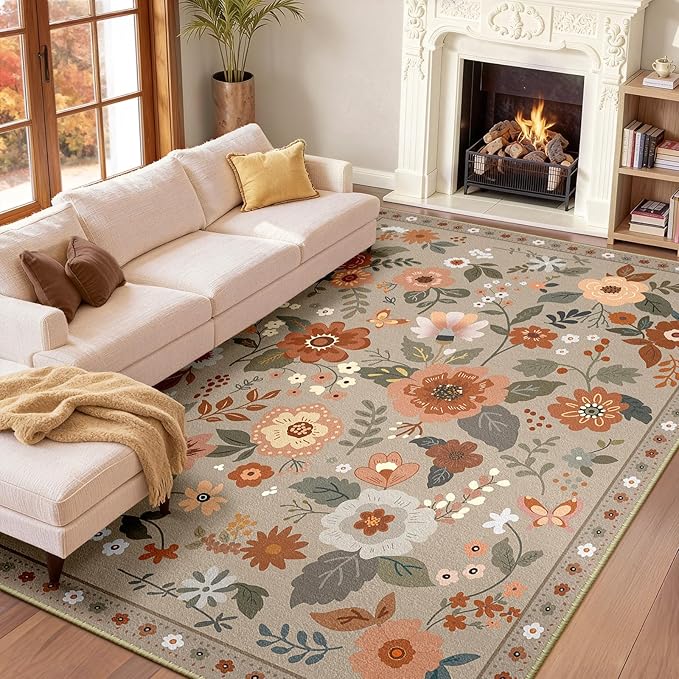 Floral 6x9 Area Rug Machine Washable Soft Print Boho Carpet Non Slip Doormat Low Pile Flower Area Rugs for Living Room Bedroom Nursery Kitchen Dining Room Indoor-Brown/Brick
