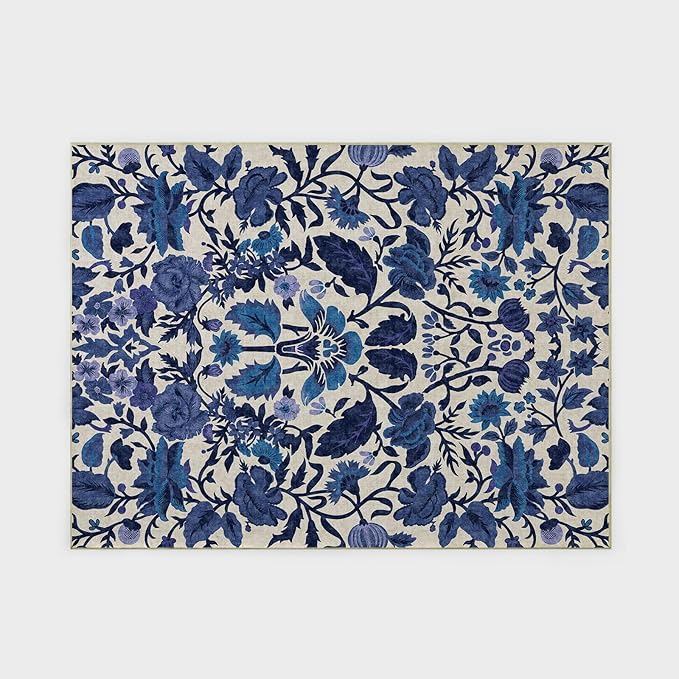 EVERGRACE Area Rugs for Living Room 9x12, Boho Floral Faux Wool Indoor Outdoor Rugs, Washable Rugs for Bedroom Dining Room Entryway Kitchen, Low Pile Floor Mat Carpet for Home Decor, Celtic Blue