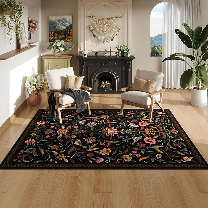 Vintage Medallion Floral 3x5 Washable Rug, Soft Low Pile Area Rug, Non-Slip Carpet for Bedside, Bedroom, Bathroom, Entryway, Kitchen, Office, Kids/Girls Room | Black