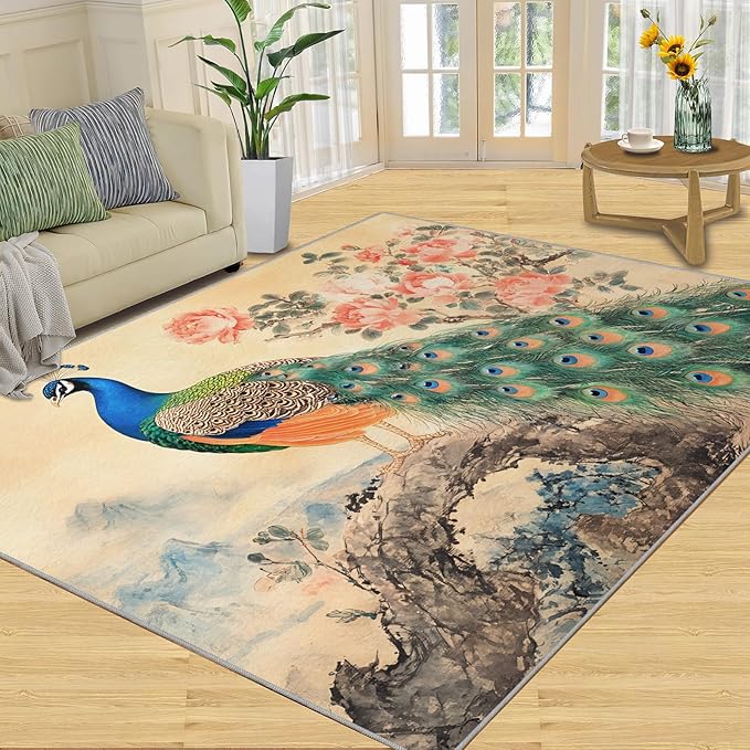 Peacock Peony Flower Area Rug 5x7-5x7 Rug, Classic Peacock Peony Rugs for Living Room, Oriental Carpet, Floral Animal Washable Area Rugs for Bedroom, Aesthetics Carpet - Peafowl Home Decor & Gifts