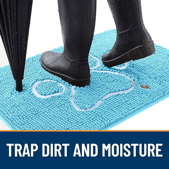 OLANLY Dog Door Mat for Muddy Paws 30x20, Paw Print Design, Absorbs Moisture and Dirt, Absorbent Non-Slip Washable Doormat, Quick Dry Chenille Mud Mat for Dogs, Entry Indoor Entryway Carpet, Blue