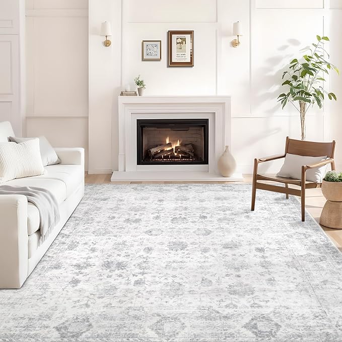 Washable 6×9 Area Rugs for Living Room, Vintage Floral Rug Soft Non Slip Stain Resistant Boho Carpet for Bedroom Dinning Room Kitchen Home Office Grey
