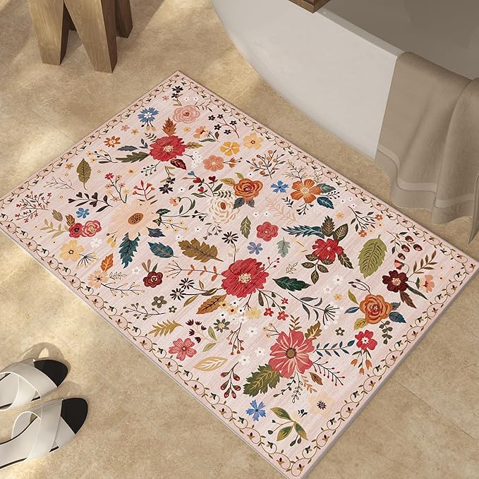 2x3 Washable Rug for Entryway, Floral Soft Small Area Rug, Non Slip Doormat Indoor Entrance Carpet, Flower Low Pile Front Door Throw Rug for Bedroom, Kitchen, Laundry, Bathroom, Pink/Beige