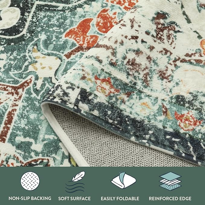 Lahome Bohemian Floral Medallion Area Rug - 4x6 Teal Soft Bedroom Rug Washable Entryway Mat, Non Slip Pet Friendly Indoor Floor Accent Carpet for Bathroom Mudroom Basement Studio